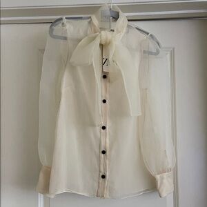 Zara Cream Sheer Blouse with Bow Detail